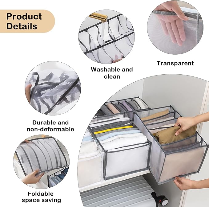TIGARI Wardrobe Clothes Organizer for Drawers, Washable Clothes Organizer for Folded Clothes, Clothing Storage, Portable Closet Organizer for Thin Jeans, Trousers, T-shirts, Skirts (Gray)