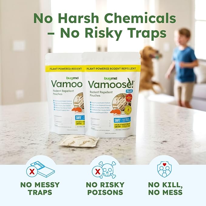 BugMD Vamoose Plus Peppermint Oil Mouse Repellent Pouches | Natural Mice Repellent Indoor & Rat Deterrent for House, Garage, RV, Car & Storage | Plant-Powered Rodent Control - 2 Pack - 8 Pouches