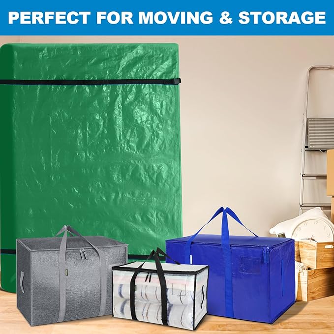 TICONN Mattress Bags for Moving, Heavy Duty Full XL Mattress Cover Storage Bag with Full-Around Handle and Adjustable Buckles (Green, Full XL)