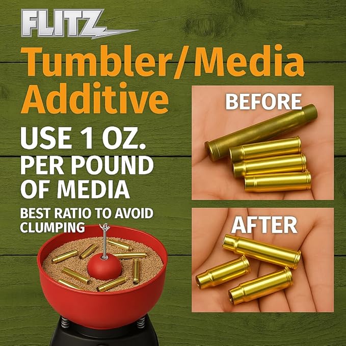 Flitz Tumbler Media Additive - 7.6oz Bottle of USA-Made Brass Cleaner Reloading Liquid for Ammo, Copper, & All Metals - Ammonia-Free Tumbling Polish to Remove Oxidation, Powder Residue (6 Pack)