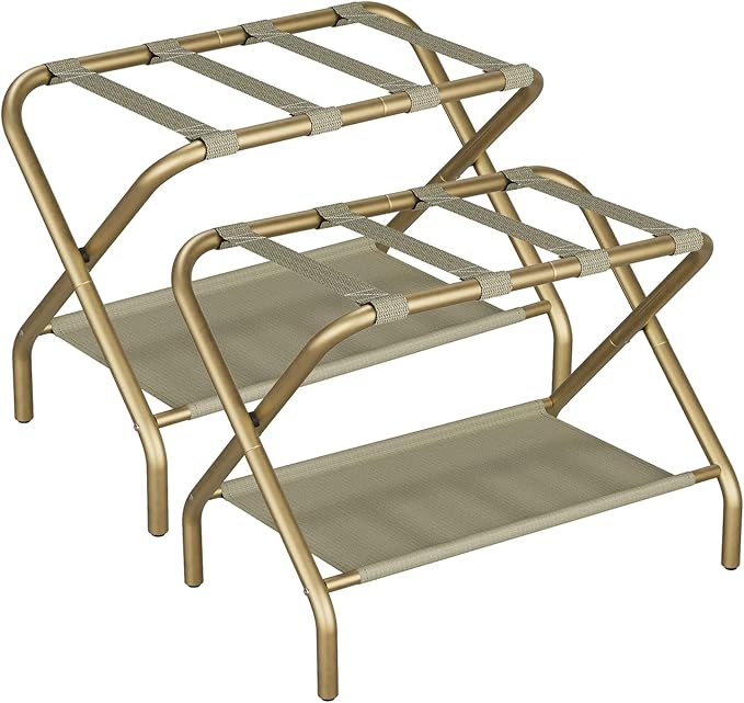 Smuxee Gold Luggage Rack Pack of 2, Foldable Suitcase Stand with Fabric Storage Shelf, Luggage Holder with 4 Nylon Straps for Hotel Guest Room Bedroom