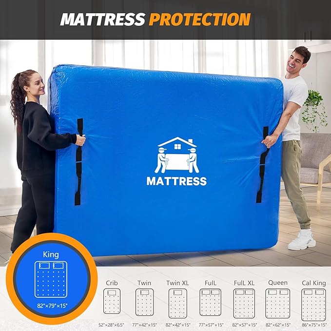 Mattress Bags for Moving, BETU Mattress Protector Waterproof Mattress Cover King Size Storage Bags with 8 Heavy-Duty Handles and Zipper for Bed Extra Thick Large Reusable(2 Pack, 82"x79"x15" Blue)