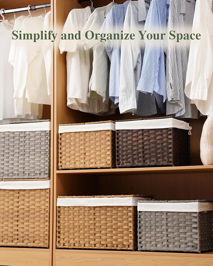 Storage Basket with Lid Woven Wicker Baskets with 2 Separate Lid, 9.2 Gallon (35 L) Wicker Storage Bins with Handles, Foldable and 2 Removable Liner Bags for Bedroom, Laundry Room Natural