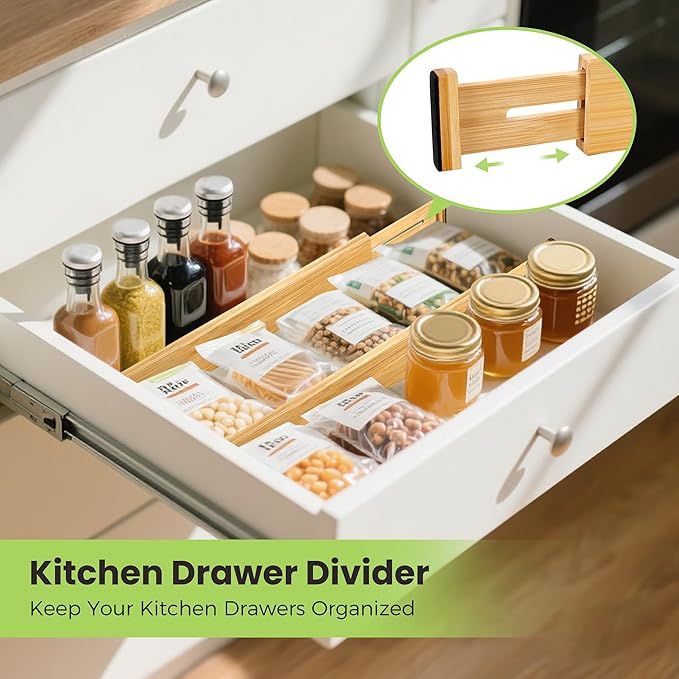 Fyvva Drawer Divider, Adjustable Bamboo Kitchen Drawer Organizer, Spring Loaded Drawer Organizer, Dresser Separators for Kitchen, Bathroom, Clothes, Office Desk Storage (Natural, 4 Pack Large)