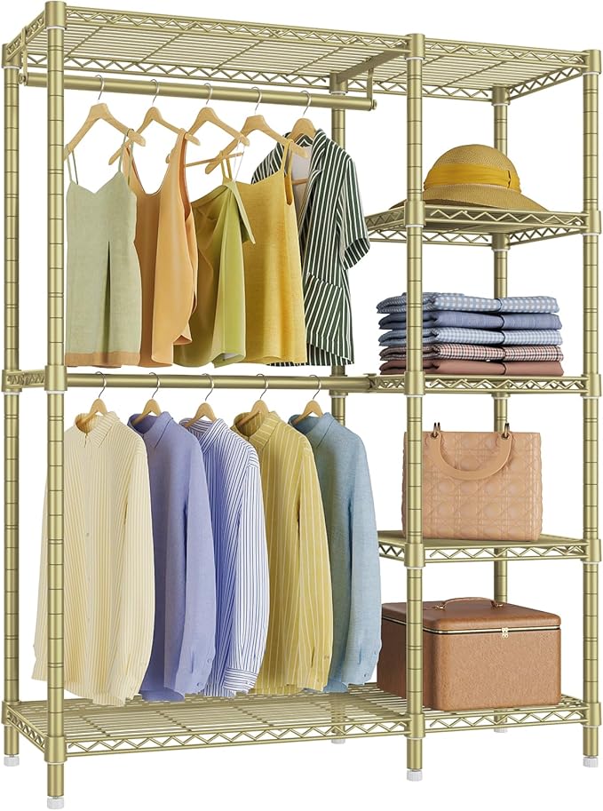 VIPEK V7 Clothes Rack Heavy Duty Max Load 670lbs, Garment Rack with 5 Tiers Adjustable Shelves Portable Closet Metal Sturdy Wardrobe Storage System for Walk-in Closet, Bedroom, Small Space (Gold)