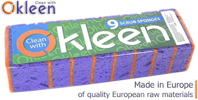 Purple and Orange Multi Use Scrub Sponges. Made in Europe. 18 Pack, 4.3x2.8x1.4 inches. Heavy Duty & Non Scratch Fiber. Odorless, Durable, Delicate, Rinse Clean Violet Scrubber
