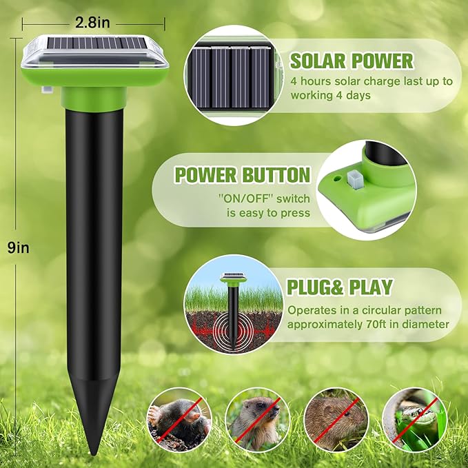 Solar Mole Repellent, Ultrasonic Gopher Repeller Outdoor, Solar Powered Waterproof Snake Repellent Deterrent Gopher Vole Snake Pest and Other Animals from Lawn Garden Yard Home(Green, 4 Packs)