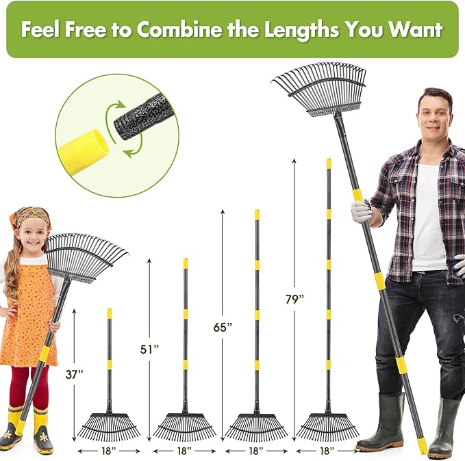INFLATION Garden Rake for Leaves Heavy Duty Women Men Grandpas for Lawns,79” Length 18” Width Adjustable 25 Tines Sturdy Metal Yard Leaf Rakes with Non-Slip Comfortable Smooth Long Handle