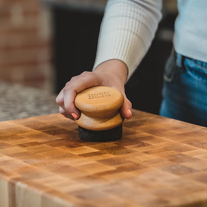 John Boos Oil & Cream Round Applicator for Wood Cutting Boards, Butcher Blocks & Utensils, Beechwood - Solid Hardwood Handle, Silver Ion-Treated Sponge, Storage Cap, Easy and Even Application