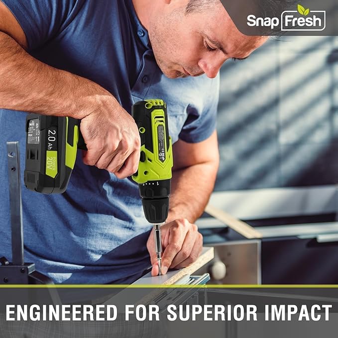 SnapFresh 20V Cordless Drill Set, 3/8" Power Drill with 2 Variable Speed, 21+1 Torque Setting, LED, 43pcs Drill Bits, Impact Driver Kit for Home,DIY-2.0Ah Battery & Fast Charger Included