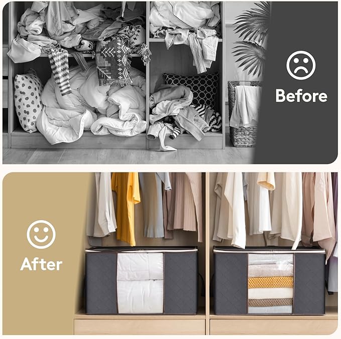 Lifewit 18 Pack 60L Clothes Storage Bins with Lids, Foldable Blanket Storage Bags with Zippers, Clear Window and Reinforced Handles, Closet and Organization for Clothing, Sweater, Comforter, Bedding