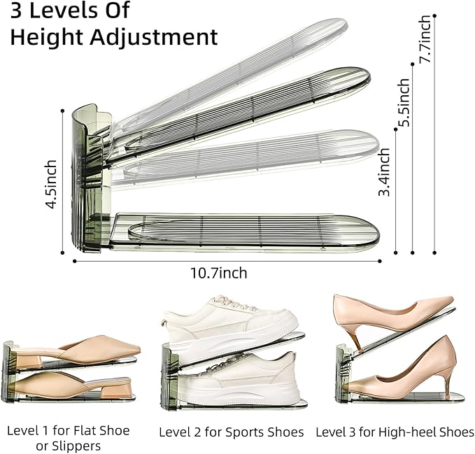 shoe slots organizer, Clear Shoe Stacker, Adjustable Level Shoe Rack,Storage Space Saver for Sneakers Display (Green Transparent, 6Pack)