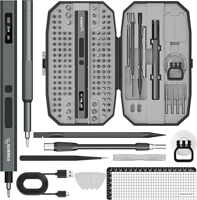 STREBITO Electric Screwdriver Upgraded 155 in 1 Mini Electric Cordless Screwdriver, 140 S2 Steel Magnetic Bits, 5 Torque Settings, Electronics Repair Tool Kit for Computer, Phone, Gaming, RC, Camera
