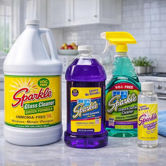 Sparkle Glass Cleaner Green Formula, Streak-Free Window, Mirror & Glass Surface Cleaner, 1 Gallon 128 Fl Oz Refill (Pack of 6)