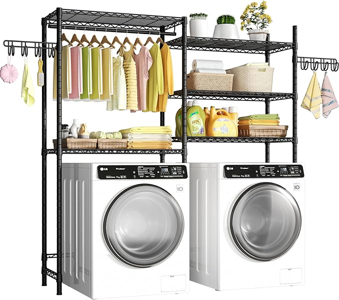 Ulif 65.3" W x 13.4" D x 77.5" H Clothes Drying Rack, 5 Tiers Over Washer and Dryer Laundry Room Storage and Organizer, Heavy-Duty Space Saver, Black