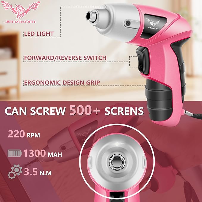 Pink Cordless Electric Screwdriver, 3.6V Rechargeable Small Electric Drill with 24pcs Driver Bit Set, Power 3.5Nm Screw Gun with LED Light for Women
