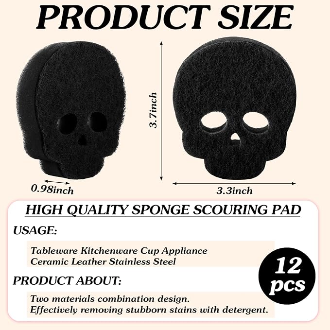 Tioncy 12 Pack Skull Sponges Bulk Gothic Dual Sided Scrubber Black Skull Sponges Reuseble Non Scratch Dishwashing Kitchen Cleaning Accessories for Cookware Pot Boiler Pan Household