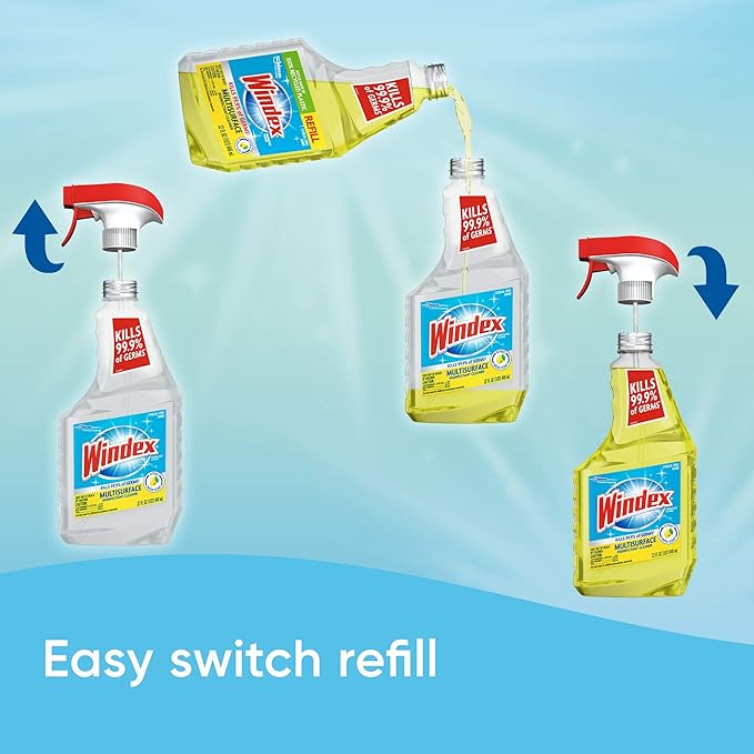 Windex Refill Multipurpose Disinfectant Cleaner Spray with Reusable Trigger, Bottle Made from 100% Recovered Coastal Plastic, Surface Cleaning Spray, Citrus Fresh Scent, 32 Fl Oz (Pack of 3)