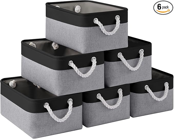 Storage Baskets for Shelves 13.8x9.8x6.7 Inch-Foldable Fabric Organizing Storage Bins with Handles, Closet & Bathroom Organizer, Home Storage for Kitchen, Office (6-Pack, Black&Gray)