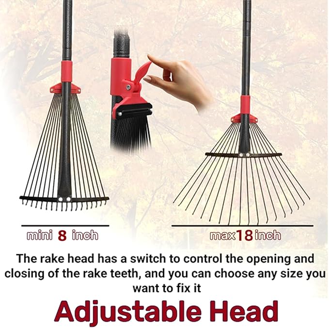 91 Inch Rake for Leaves , Adjustable 18 Tines with Expandable Head 9-18in Grass Rake Heavy Duty Metal Rakes for Women Children Yard Gardener Gardening Grass Debris Lawns