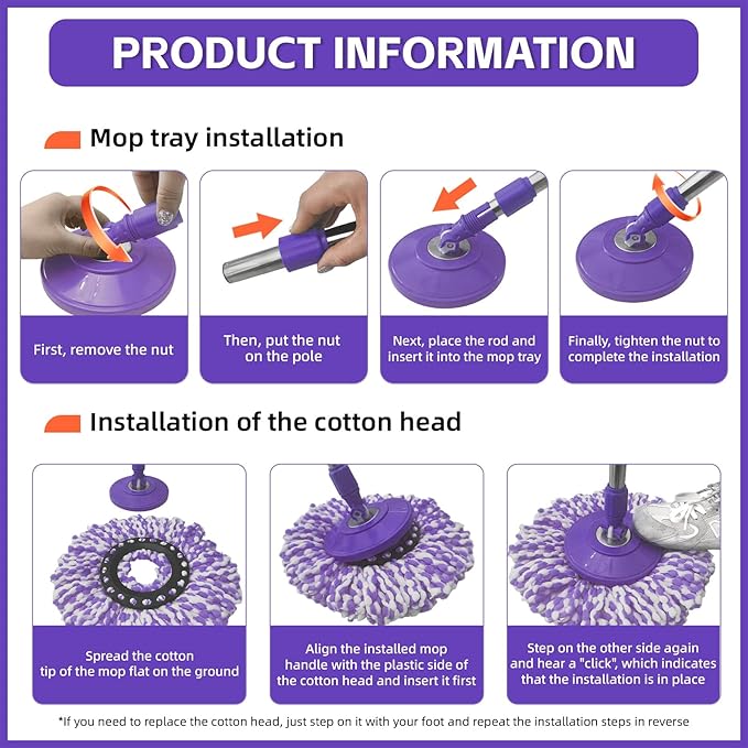 Spin Mop Replacement Handle, 47.6-inch 360 Degrees Rotating Telescopic Replacement Mop Stick with Robust Reinforced Plastic Disc for Spin Mop Bucket Cleaning System (Plastic Disc,Purple)