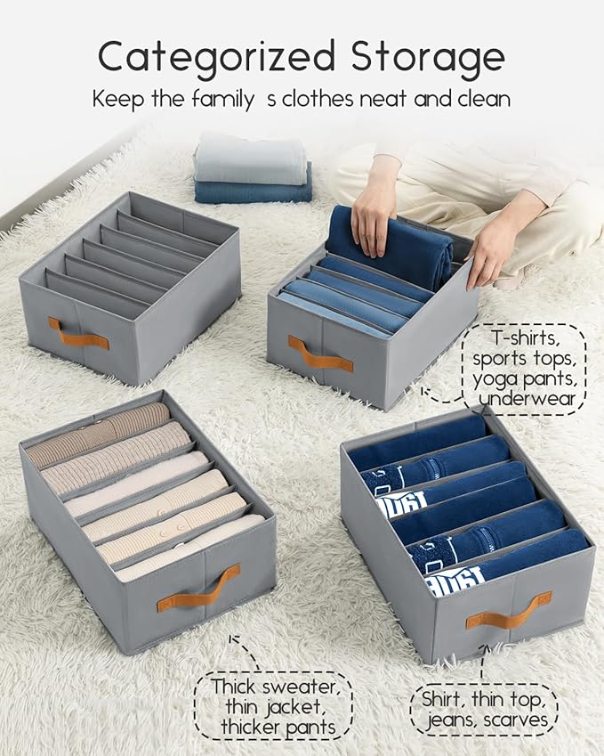 Homsorout Closet Organizers and Storage - Fabric Clothes Organizer with Handles, Foldable Jeans Organizer for Clothes, Drawer Organizer for Shirts, Bra, Sweater, Scarf, 4 Pack, Grey