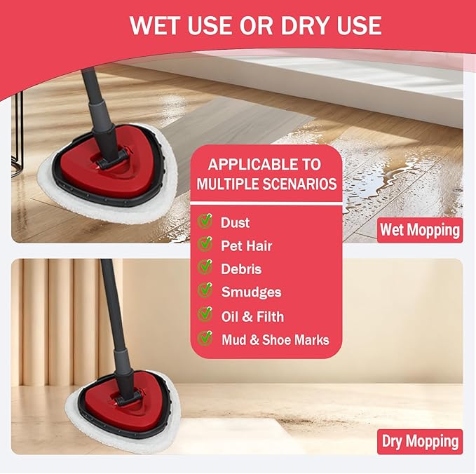 Triangule Flat Mop Replacement Pads, Spin Mop Pad Replacement, 8 Pack Mop Refill Pads, 1 Mop Base and 1 Scraper for Cleaning Floor, Wall, Ceiling, Easy to Replace