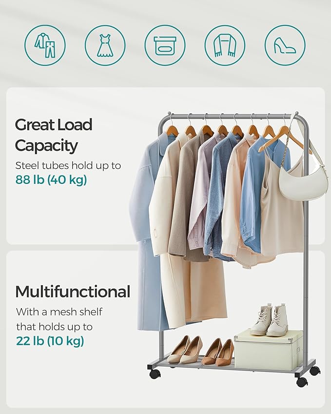 SONGMICS Clothes Rack with Wheels, Clothing Rack for Hanging Clothes, 25.4 mm Metal Garment Rack with Dense Mesh Storage Shelf, 110 lb Load Capacity, 2 Brakes, Gray UHSR025G01