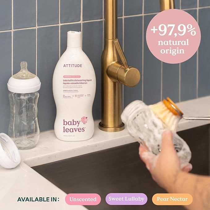 ATTITUDE Baby Bottle & Dish Soap, EWG Verified Bottle Cleaner, Dye Free, Removes Milk Residue & Grease, Vegan, Pear Nectar, 23.7 Fl Oz