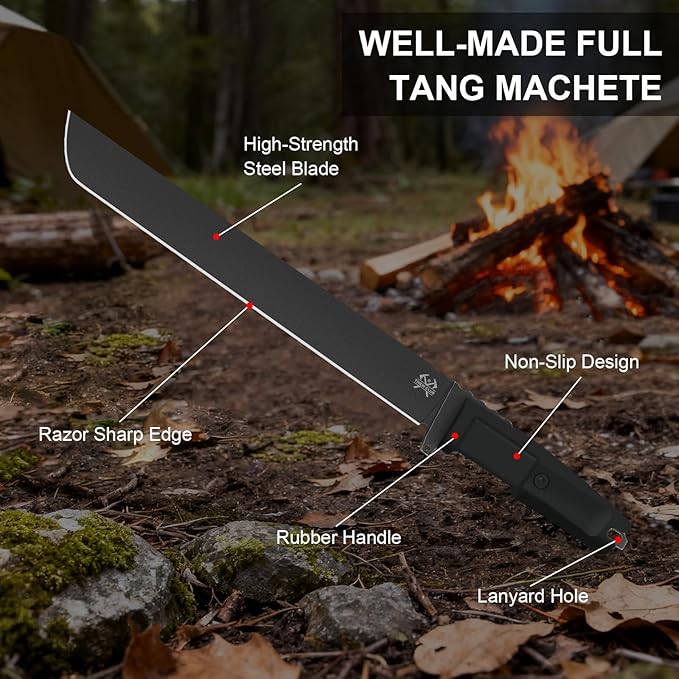 16.5" Machete for Cutting Trees Heavy Duty, Full Tang Machete Knife with Ergonomic Non-Slip Rubber Handle and Sheath, 0.22" Thick Machette for Yard Work, Clearing Brush, Camping and Outdoor