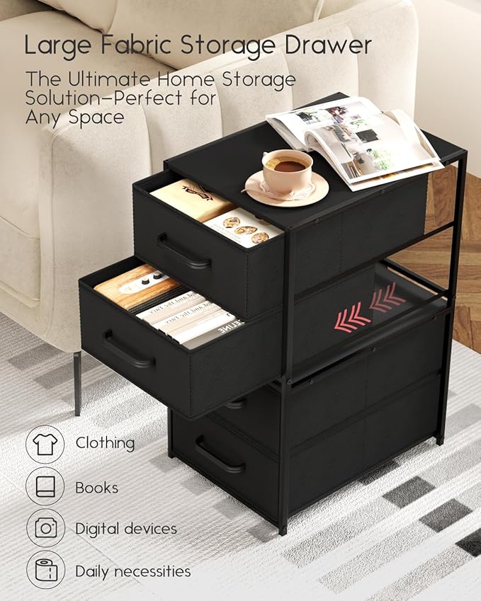 Homsorout Stackable Storage Drawers - 2 Tier Closet Drawers, Closet Organizer with Metal Handles, Night Stand with Collapsible Bins, Fabric Dresser for Bedroom, Dorm, Office, Black, 1 Pack