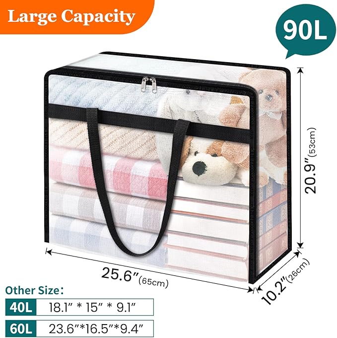 TasticTotes 6 Pack Clear Storage Bags for Comforter, Clothes & Bedding, Plastic Blanket Storage with Zipper and Handle, Moving Bags, Closet Organizer and Under-Bed Storage (90L)