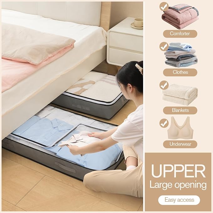 90L Under Bed Storage Containers, Foldable Grey Underbed Storage Bags - Closet Organizers and Storage Bins for Wrapping Paper, Blanket, Clothing, Comforter, Sweaters, Pillows, Linen Sheets