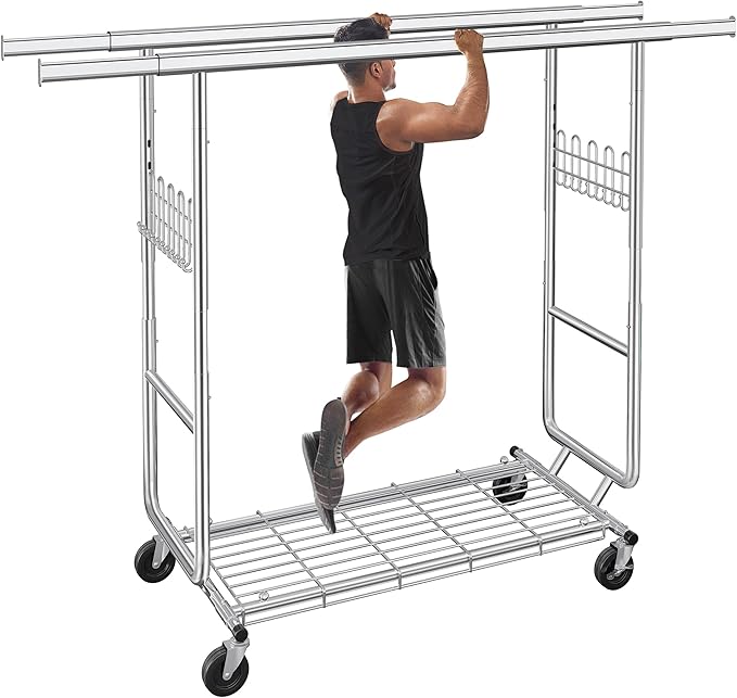 Gewudraw Heavy Duty Clothes Rack Load 900 Lbs, Double Rod Rolling Clothing Rack With Sturdy Wheel And Shelves，Adjustable Portable Hanging Rack For Clothes,Silver Stainless Steel