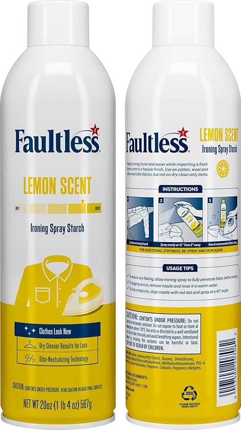 Faultless Lemon Laundry Starch - Lemon Scented Spray Starch 20 oz Cans for Smooth Iron Glide on Clothes & Fabric - Easy Iron Glide, No Residue (Pack of 4)