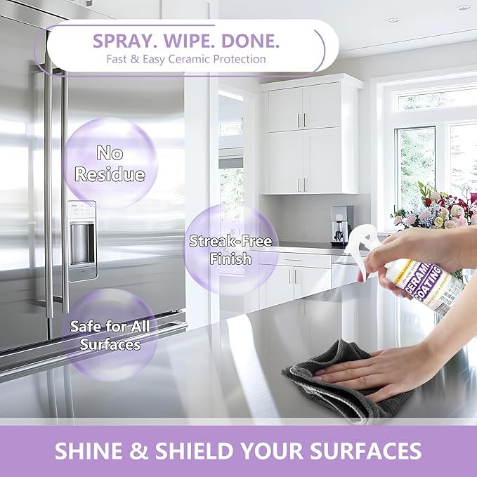 Ceramic Coating Spray 17.32oz – Appliance & Kitchen Protector for Stainless Steel – Fingerprint Resistant Cleaner & Sealer for Sinks, Fridges, Stoves – Easy Cleaning & Long-Lasting Multi-Surface Shine