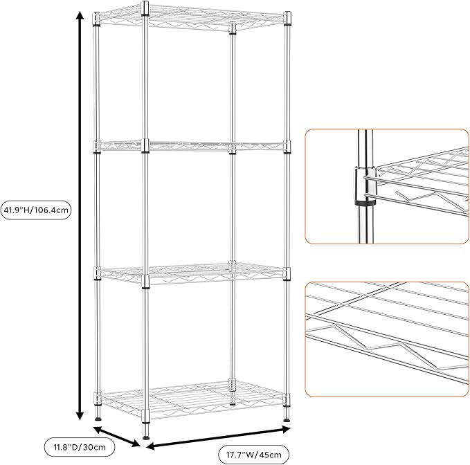 M MZG 4 Tiers Shelf Metal Storage Shelves Wire Rack Closet Organizers with Wheel for Garage Kitchen Bathroom Laundry Chrome 11.8" D x 17.7" W x 41.9" H