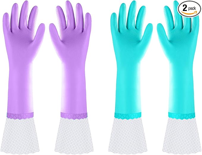 Elgood Reusable Long Dishwashing Cleaning Gloves with Latex Free, Long Cuff,Cotton Lining,Kitchen Gloves 2 Pairs,Purple+Blue Medium
