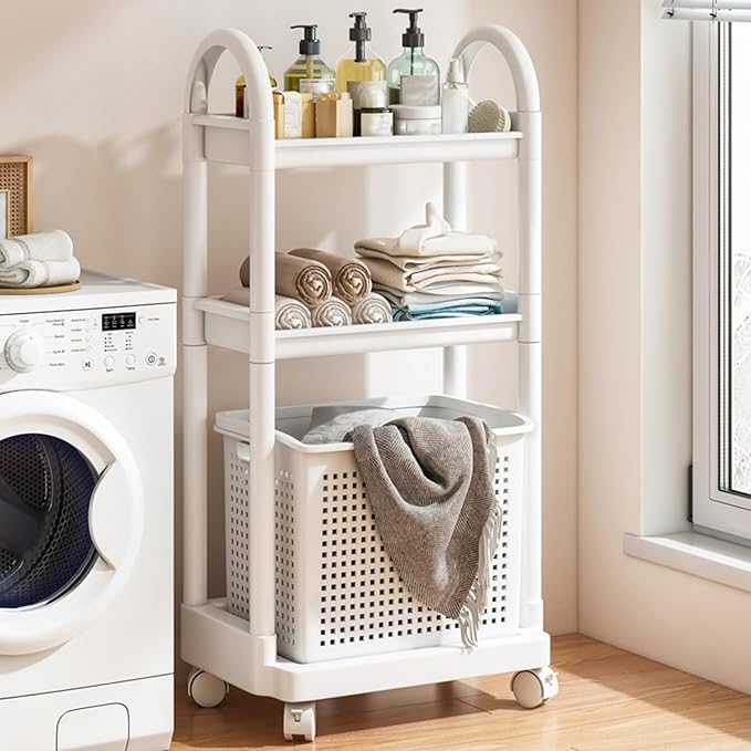 Layered Storage Laundry Basket, Hollow Rectangular Clothes Storage Rack with Wheels,Freestanding Clothes Hamper for Kitchen Bathroom Bedroom Laundry Room(47x101cm(18.5x39.7in), White)