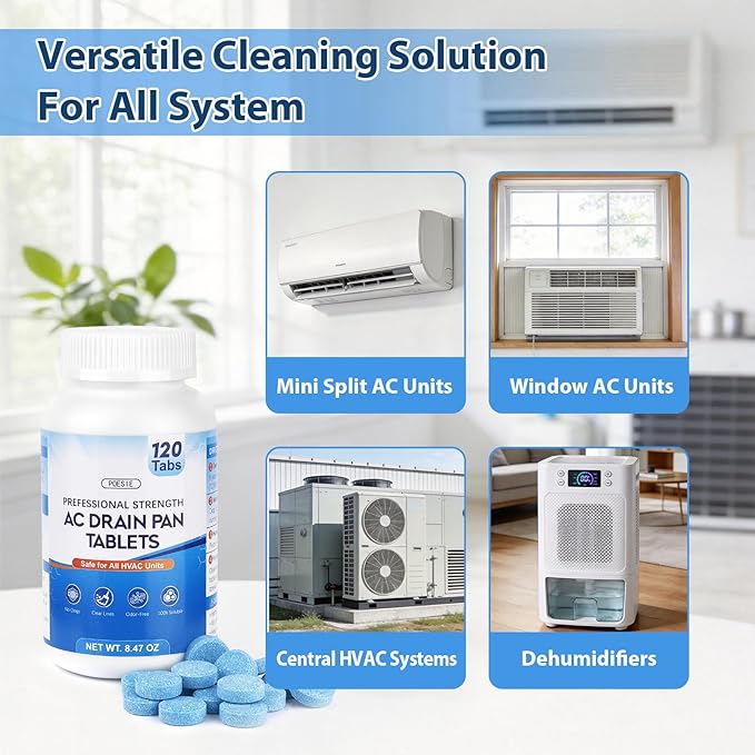Poesie AC Drain Pan Tablets 240 Count, Condensate Tablets, Non-Clog Pan Cleaner, Effective Odor Control for All HVAC, Dehumidifiers and Appliance Pans