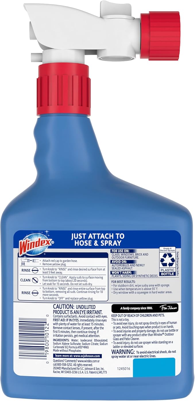 Windex Outdoor Window and Glass Cleaner for Hose Ammonia Free, Concentrated Formula for Deep Outdoor Clean, Patio Cleaner, Compatible With All Hoses, 32 Fl Oz (Pack of 8)