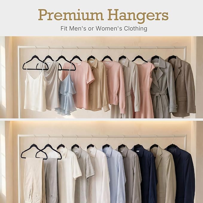 HOUSE DAY Premium Velvet Hangers, Non-Slip Thin Flocked Felt Hangers, Sturdy Clothes Hangers Heavy Duty Coat Hangers & Suit Hangers, Durable Suit Hangers for Closet Space Saving (20 Pack, Black)