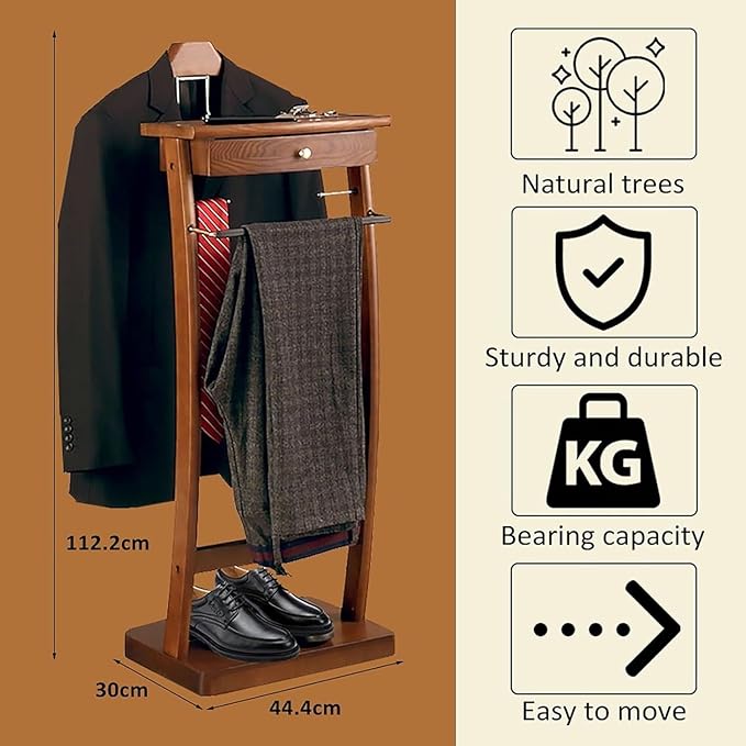 Wood Clothes Valet Stand with Tray, Floor Standing Suit Valet Stand with Drawers and Front Trouser Rack, Men's Valet Stand, for Living Room Office Dressing Room 44.4x30x112.2 cm (Black)