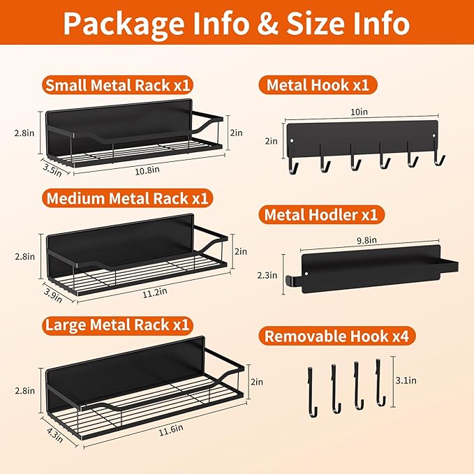 Magnetic Spice Rack,Multifunctional Magnetic Shelf for Washing Machine,Refrigerator,Microwave,and Any Metal Surface,Powerful Magnetic Shelves Include Magnetic Paper Towel Holder (5 pcs - Black)