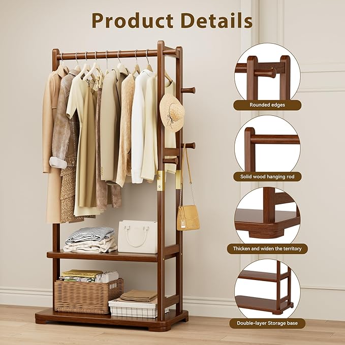 Taitiy Coat Rack Solid Wood Clothes Rack with 2 Shelves & 4 Hooks for Hanging Clothes Garment Wallets Hats, Clothing Rack Heavy Duty Coat Rack Freestanding with Storage Hall Tree for Hallway Bedroom