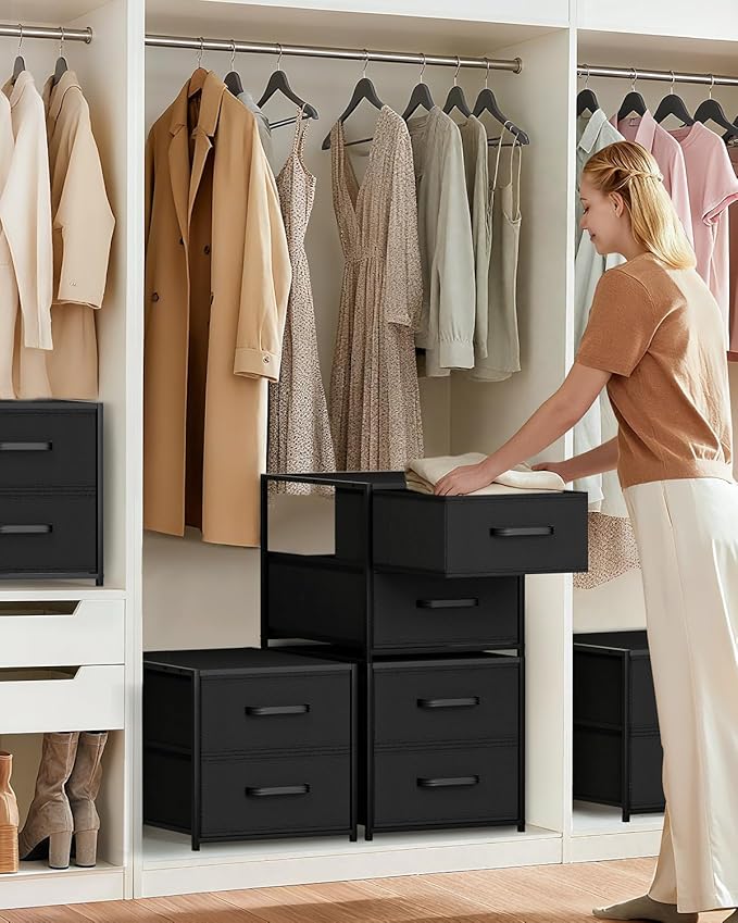 Homsorout Stackable Storage Drawers - 2 Tier Closet Drawers, Closet Organizer with Metal Handles, Night Stand with Collapsible Bins, Fabric Dresser for Bedroom, Dorm, Office, Black, 1 Pack