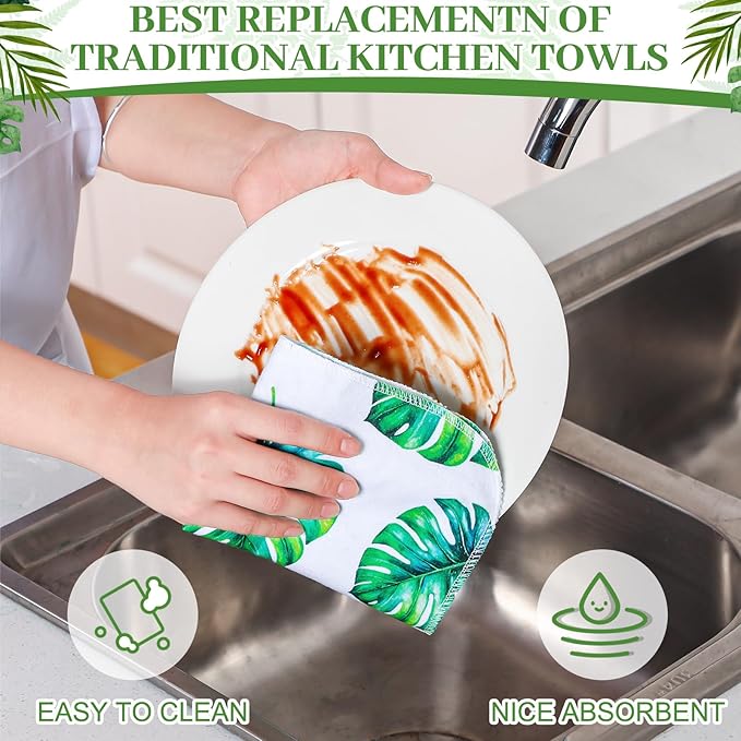 36 Pack Leaves Reusable Cleaning Cloths Washable Cotton Kitchen Towels for Home (Green)
