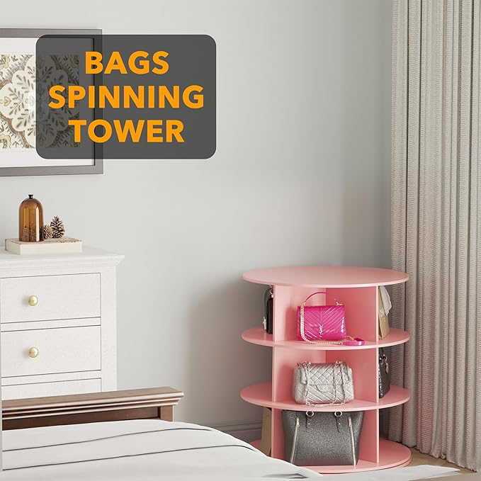 SpaceAid 3 Tier Rotating Shoe Rack Tower, Spinning Shoe Display Lazy Susan, Revolving 360 Shoe Rack Storage Round Carousel, Vertical Handbag Rotate Shoes Closet Organization (3-Tier Pink)