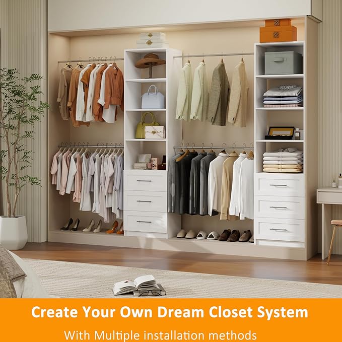 Closet System, 5FT-9FT Closet Organizer System with 4 Expandable Hanging Rods and Moveable Shelves, 115" Walk in Closet System with 3 Wooden Drawers, Custom Built in Closet, Wall Mount