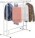 MyGift White Stainless Steel Freestanding Garment Rack, Heavy Duty Double Rod Clothes Rack Clothing Hanger Stand with Storage Display Shelf